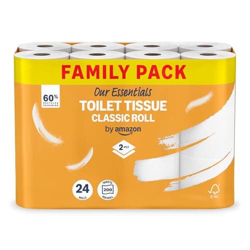 Image of Our Essentials by Amazon Toilet Tissue Classic Roll, 2-ply, 24 Rolls (1 Pack of 24), 200 Sheets per Roll