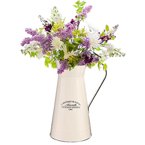 Image of Large Galvanised Metal Jug Vase Cream Vintage Style Farmhouse Country Style Pitcher Jug Flower Vase with Text Print Design
