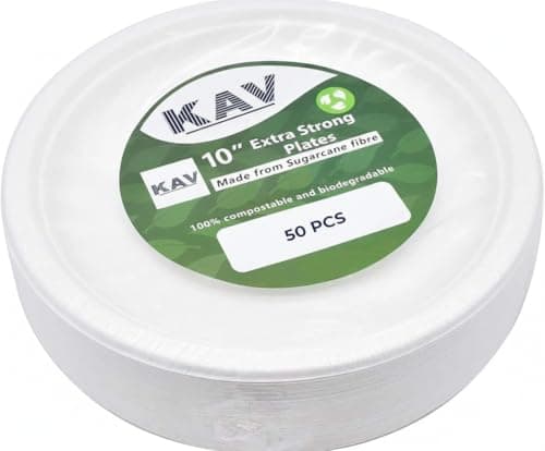 Image of KAV 10 Inch Biodegradable Bagasse Plates - Disposable Super Rigid Sugarcane Fiber, Eco-Friendly & Compostable Plates, Ideal for Parties, BBQs, Picnics, Weddings - Pack of 50