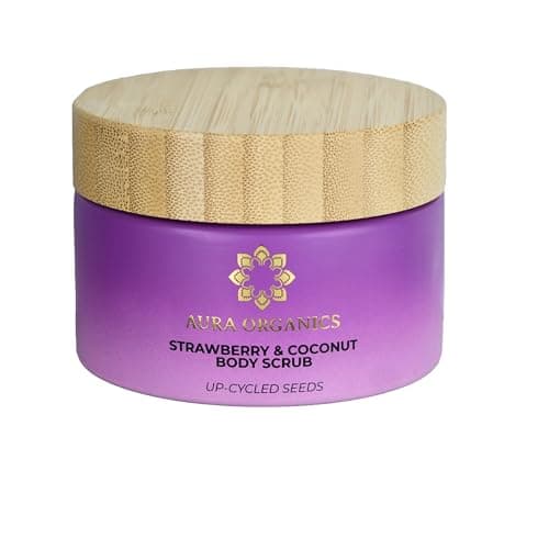 Image of Aura Organics Exfoliating Body Scrub, Strawberry & Coconut, All Skin Types, Vegan, 98% Organic, Glass Jar, 200ml