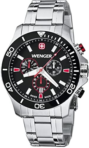 Image of wenger Sea Force Chrono Men's Quartz Watch with Black Dial Analogue Display and Black Silicone Strap 010643101