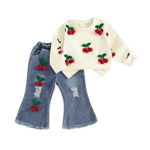 Image of Yigubigu Toddler Baby Girl Clothes Spring Outfit Cherry Decor Long Sleeve Crew Neck Sweatshirt Top Ripped Flared Jeans Pants Denim Trousers 2Pcs Tracksuit Set (Beige, 12-18 Months)