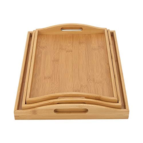 Image of Vencier Bamboo Serving Trays - Set of 3 | Wooden Platters | Raised Edges & Lightweight | Perfect for Breakfast in Bed & Tea | Board with Handles