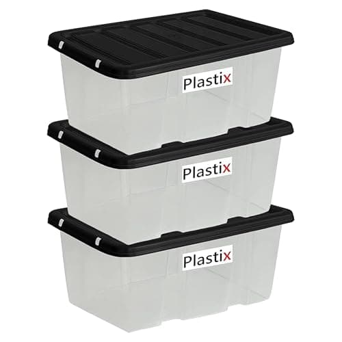 Image of Plastix Clear Plastic Storage Box Boxes With Black Lids Home Office Stackable UK Made (3, 24L)