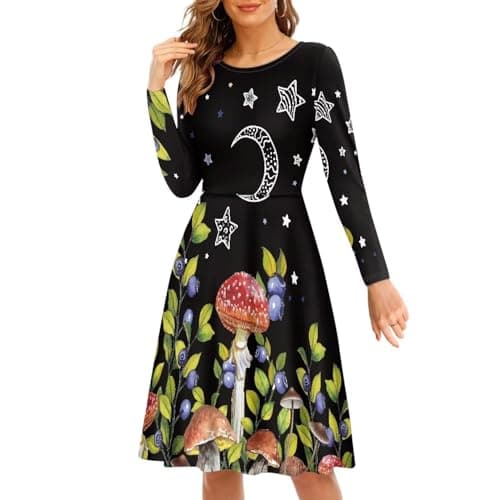 Image of Viewamoon Midi Dresses for Women Fall Long Sleeve Puffy Dress Size S-4XL, Mushroom Moon, L