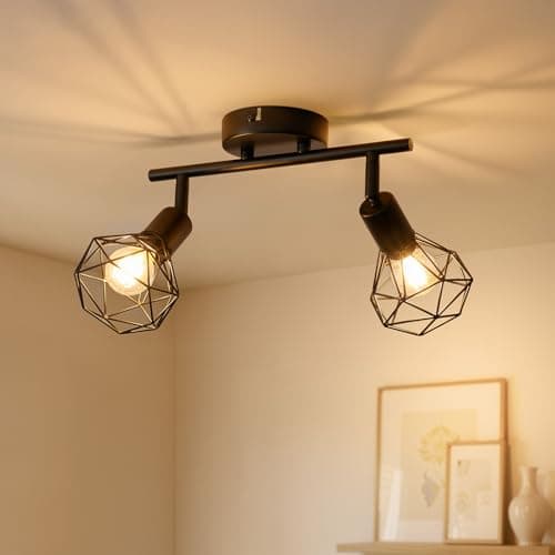 Image of Gr4tec Kitchen Lights Ceiling 2 Way, Retro Black Spot Lights Ceiling E14, Adjustable Ceiling Light Fittings, Metal Wire Cage Wall Spotlights Indoor for Hallway Bedroom, Bulb Not Included