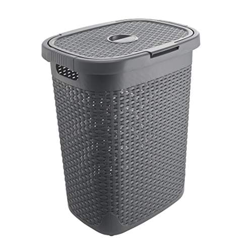 Image of Addis Faux Rattan 50 Litre Family Laundry Clothes Washing Hamper Bin with Lid, Charcoal Grey
