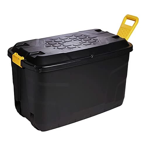 Image of STAR SUPPLIES Strong Black XL Heavy Duty Storage Trunk With Wheels Lid & Handles Indoor Outdoor Storage Box (145 Litre, 1 Storage Box)