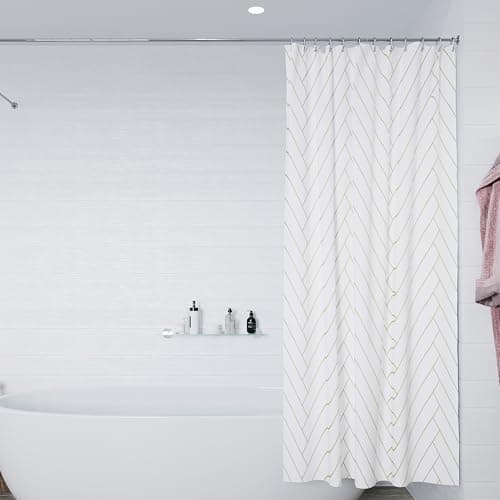 Image of Croydex Waterproof Shower Curtain, Gold Chevron Pattern, 180 x 180cm, Water Resistant Fabric - 100% Polyester, Machine Washable, Cling Resistant Weighted Hem, Ready to Hang with 12 Metal Eyelets