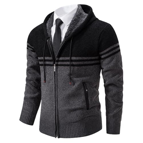 Image of Biutimarden Mens Knitted Cardigan Fleece Lined Knitwear Up Full Zip Long Sleeve Jacket Sweater Cardigan with Hood Thick Winter Coat