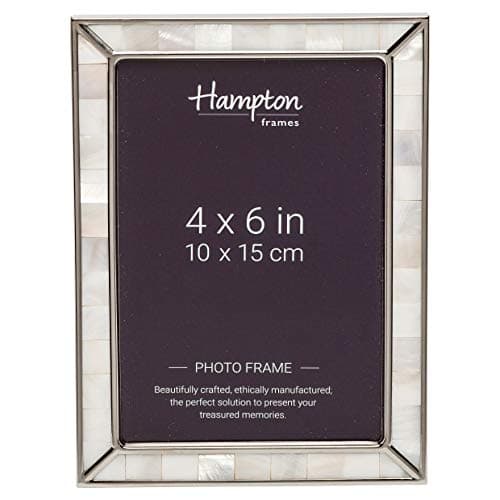Image of Hampton Frames | Photo Picture Frame | 4x6 (10x15cm), Silver, Rectangular, Mother of Pearl Detail | Raised Silver Edge, Grey Velvet Back, Freestanding | Display for Photos