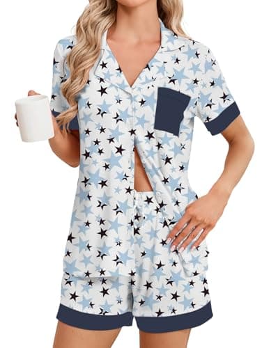 Image of Famulily Womens Soft Notch Collar Pyjamas Set Button Down Star Print Loungewear Casual Sleepwear with Pockets Blue L