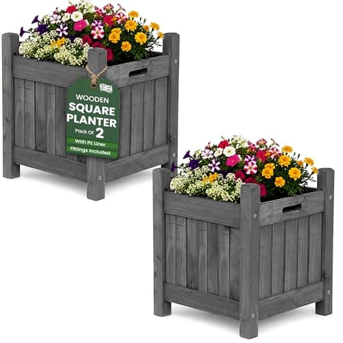 Image of My Garden Wooden Square Planter with PE Liner 2 Pack - 30 x 30 x 38 cm Weather Resistant Wooden Planter Box for Outdoor Use - Ideal for Patios, Gardens & Decking - Easy Assemble & UV Resistant