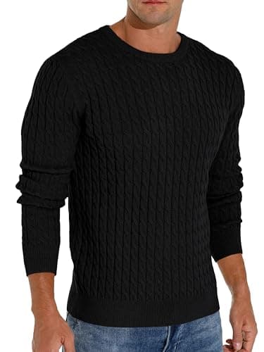 Image of Hisir Men's Winter Cable Knit Jumpers Casual Crew Neck Warm Long Sleeve Pullover Sweater Tops for Men (Black, L)