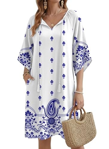 Image of Zeagoo Women Dresses Summer Casual Beach Dress Boho Floral Sundress with Pockets Tassel Tie Neck Half Sleeve Tunic Dress Blue-and-White Print M