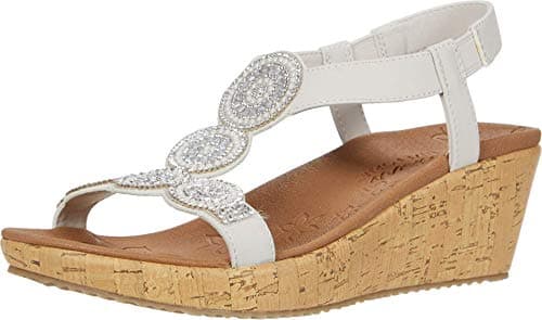 Image of Skechers Women's Beverlee Date Glam Wedge Sandal, Off White Duraleather/Clear Rhinestone, 6.5 UK