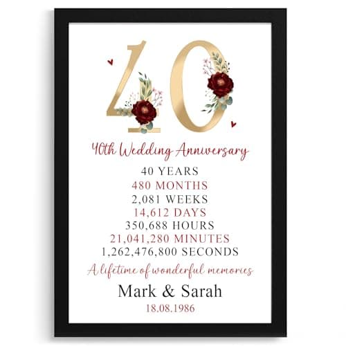 Image of Beecreative 40th Wedding Anniversary Keepsake - A5 or A4 Print with Wooden Frame - Personalised Ruby Anniversary Present For Parents