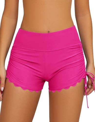 Image of SHEKINI Women's Swim Shorts High Waisted Swimsuit Bottoms Tummy Control Adjustable Drawstring Boyshorts, Hot Pink, Large