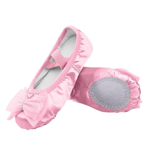 Image of Pink Girls’ Classic Satin Ballet Shoes UK Size 12 Split-Sole Dance Slippers with Cross Elastic Strap Large Bow Slip-On Flats School Shoes Ballerina Trainers Body Shaped Exercise Footwear
