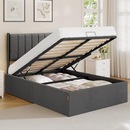 Image of VASAGLE Small Double Bed Frame, 120 x 190 cm, Ottoman Bed with Lift-Up Storage, Hydraulic Lift, Modern Minimalist, Easy Assembly, Slate Grey RMB610GN01