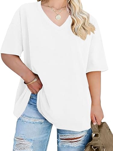 Image of VVNTY 95% Cotton Plus Size T-Shirts for Women | Ladies Summer Short Sleeve Loose V Neck Basic Top (White1,4XL)