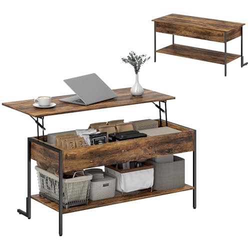 Image of HOMCOM Lift Top Coffee Table with Storage, Soft Close, Industrial Living Room Table with Hidden Compartment and Open Shelf, Rustic Brown