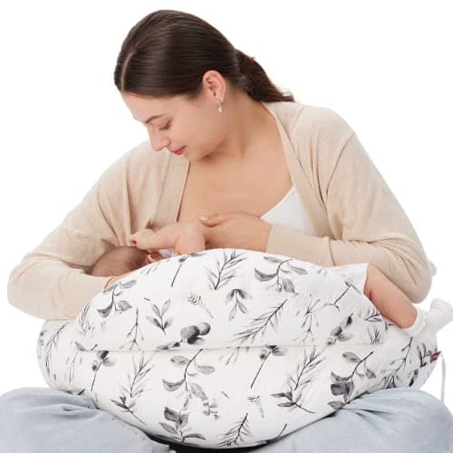 Image of momcozy Nursing Pillow With Breastfeeding - Ergonomic Support & Original Security Fence to Baby' Safety - Making Breastfeeding Easy and Comfort for Mom & Baby - Ink Wash Leaves Pattern