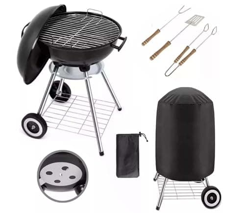 Image of Portable Charcoal BBQ Grill Set - Kettle & Oil Drum Styles with Wheels, Smoker Options, Utensils & Cover Available for Outdoor Camping & Patio