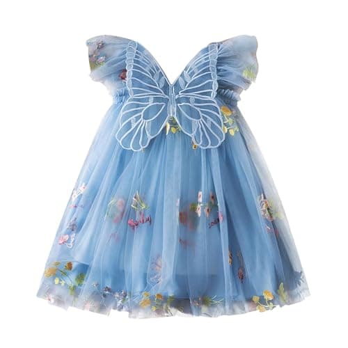 Image of DivingBirds Baby Girl Butterfly Dress Toddler Sleeveless Summer Tutu Mesh Tulle Dresses Birthday Party Wedding Gifts for Girls 2-3 Years Blue