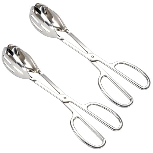 Image of 2pcs Salad Tongs for Serving, 26cm/10in Thickened Stainless Steel Heavy Duty Kitchen Scissor Tongs for Cooking Catering Buffet BBQ Baking Food Pastry Sandwich Bread & Dessert (Silver)