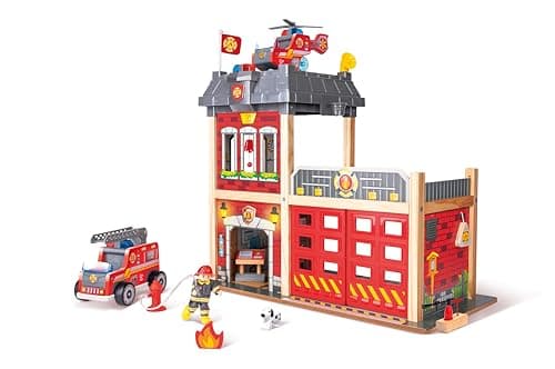 Image of Hape Sustainable Wood Toy Large Fire Station Playset With Battery-Powered Alarms, Fire Fighter, Rescue Dog And Helicopter. 3 years +