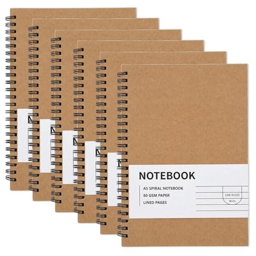 Image of RICHER HOUSE 6 Pack A5 Line Notebook, 120 Pages Kraft Cover Spiral Notebook, Ruled Paper Wirebound Notebooks, 360°Double Wire Binding, Bulk Journal Notepad for School, Study, Office Use, Travel