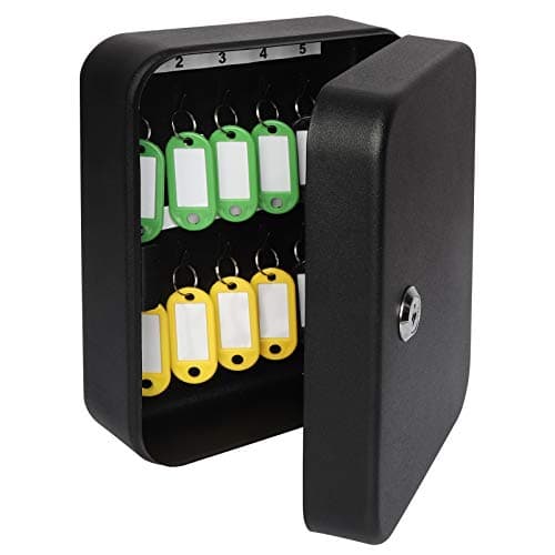 Image of Parrency Security Metal Key Box with 20 Hooks, Large Adjustable Wall Mount Key Lock Cabinet, 7 4/5" x 6 3/10" x 3" (Key Tags Included)