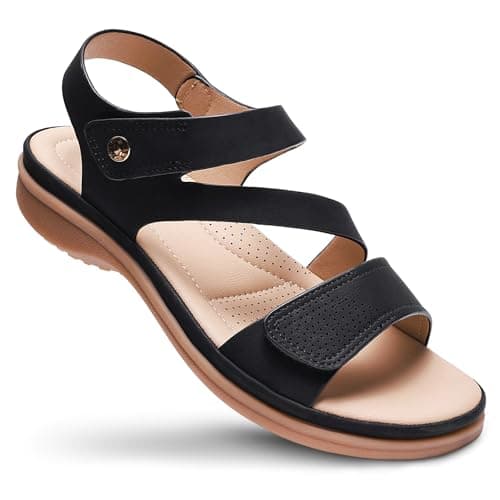 Image of Littleplum Womens Flat Sandals with Arch Support Ladies Cushion Comfortable Casual Walking Sandals, Black, 4.5 UK