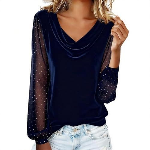 Image of Velvet Tops for Women Elegant Cowl Neck Pleated Blouse Dressy Casual Going Out Puff Long Sleeve Tops Autumn Clothes (Z05-Dark Blue, XL)