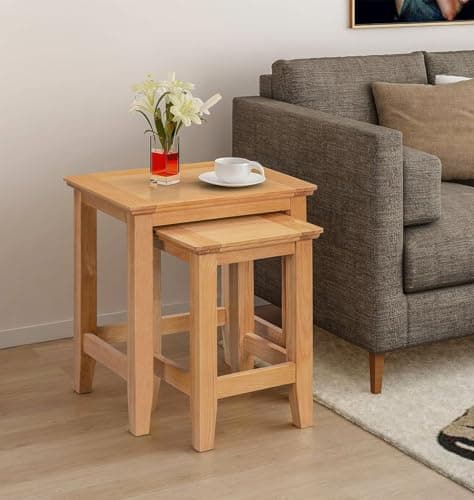 Image of Hallowood Furniture Hereford Oak Nest of Tables Set of 2, Multifunctional Solid Oak Wooden Nesting Side, Coffee Table for Bedroom or Small Spaces, Fully Assembled Living Room Furniture