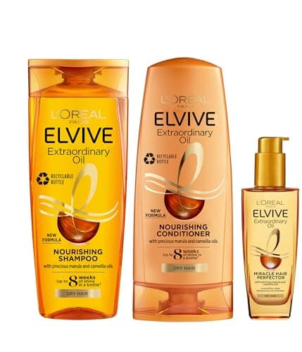 Image of L'Oréal Paris Elvive Extraordinary Oil Set for Dry Hair, Deep Nourishing Routine, Infused With Precious Marula And Camellia Oils, Silicone Free, Shampoo 400ml, Conditioner 300ml, Hair Oil 100ml
