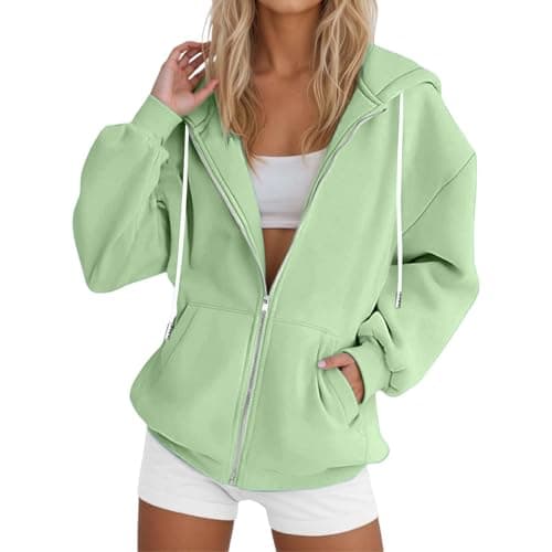 Image of Hoodies For Women UK Solid Color Long Sleeve Zip Up Sweatshirts With Pockets Casual Loose Drawstring Ladies Hoodie Soft Comfortable Oversized Tops Plus Size Lightweight Jackets Everyday Wear