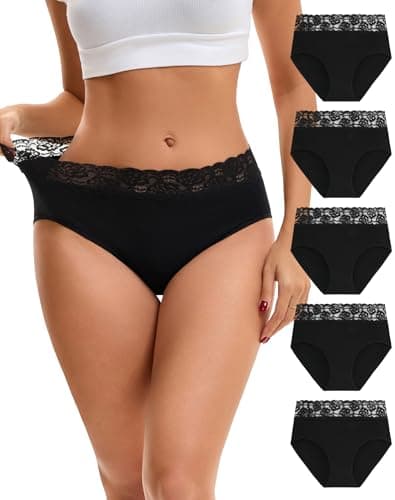 Image of INNERSY Black Underwear Women Lace Knickers High Waist Cotton Pants Soft Ladies Briefs Pack of 5 (16, 5 Classic Black)