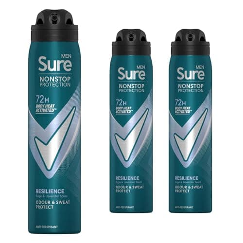 Image of Sure Men Nonstop Protection Anti Perspirant Deodorant Spray Resilience, Pack of 3, Alcohol Free Deodorant for Men 72-Hour Odour and Sweat Protection, 250ml
