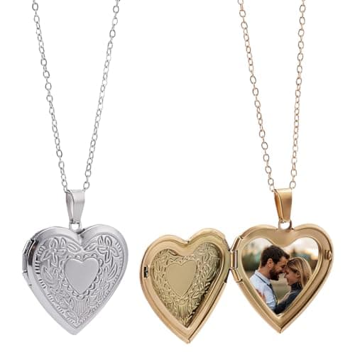 Image of PLIGREAT 2 Pcs Stainless Steel Heart Shaped Locket Pendant Necklace Love Heart Lockets that Hold Picture Photo Necklace for Women Men Birthday Gifts DIY Making Jewelry