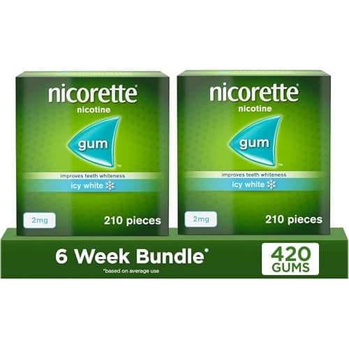 Image of Nicorette Icy White 2mg Gum (210 Pieces), Discreet and Fast-Acting, Stop Smoking Aid to Help You Quit For Good, Nicotine Gum With Teeth Whitening Properties (Pack of 2)