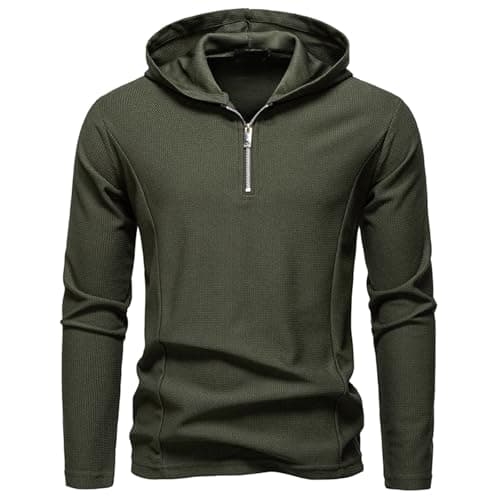 Image of MakingDa Quarter Zip Hoodie Men Waffle Long Sleeve Summer Light Thin Plain Casual Running Sports Half Zip Hooded Jumper Tops for Golf Gym Fishing-Army Green-L