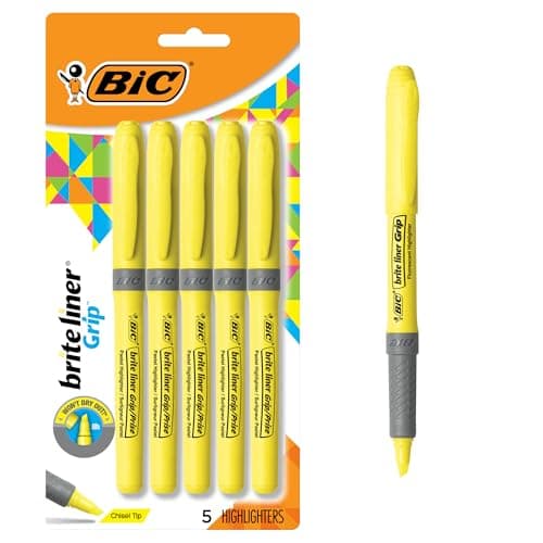 Image of BIC Brite Liner Grip Highlighter, Chisel Tip, Yellow, 5-Count (GBLP51-Ylw)