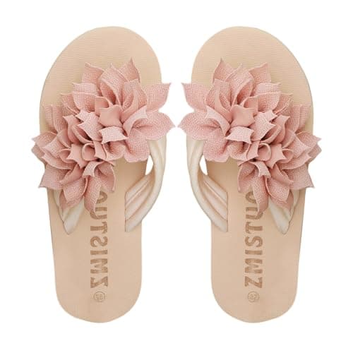 Image of UK 4.5 3D Flower Flip Flops for Women,Applique Decor Lightweight Outdoor Beach Shoes Summer Flat Casual Slippers Thongs Sandals Ladies Toepost Footwear 002_Pink