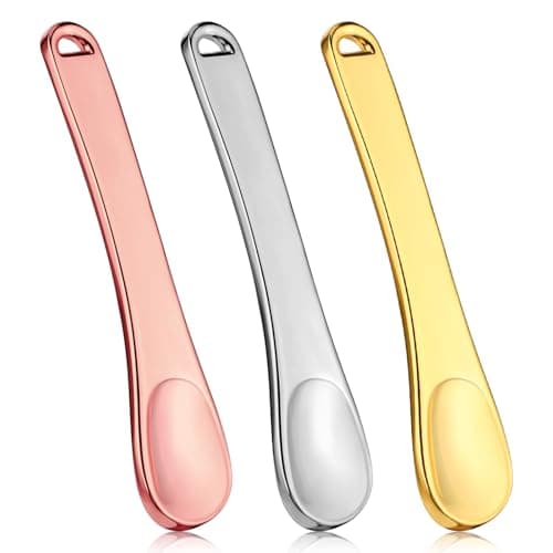 Image of 3 Pcs Makeup Spatulas Mini,Reusable Metal Makeup Spatula Cosmetic Spatula Mini Spoon Beauty Scoop Cosmetic Scoop for Creams Lotions Masks (Silver,Gold, Rose Gold)