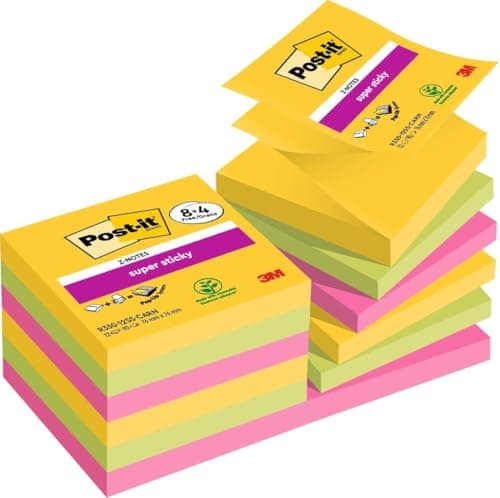 Image of Post-it Super Sticky Z-Notes, 1080 Sheets, Value Pack of 8 + 4 Free Pads, 76 mm x 76 mm - Holds Strong to Many Surfaces - Bright Colours - for Walls, Monitors and Fridge, Recycable