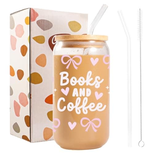 Image of Bliceon Book Lovers Gifts for Women, Book Lover Ice Coffee Cup, 16oz Cute Glass Cups with Lids and Straws, Birthday Gift for Women and Girls, Sister, Best Friend, Cocktails, Summer Party
