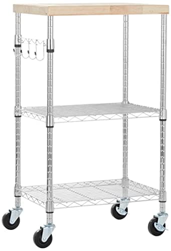 Image of Amazon Basics 3-Tier Microwave Cart on Wheels with Removable Wood Top and 2 Height-Adjustable Chrome Shelves with 175 Pound / 79.5kg Weight Capacity, 53 x 38 x 92 cm, Wood/Chrome