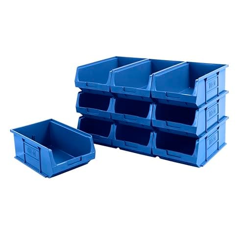 Image of BiGDUG Plastic Parts Bins - Stackable or Wall Mounted Storage Boxes Garage Organiser - Pack of 10 - 125H x 200W x 355D mm - Blue